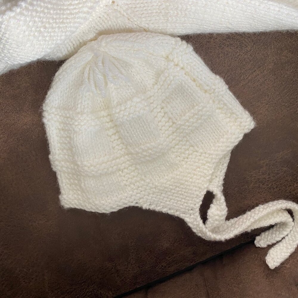 New Girls Baby Handknit Handmade Easter Lurex Cardigan Sweater Hat Set  3/9m - Picture 6 of 6